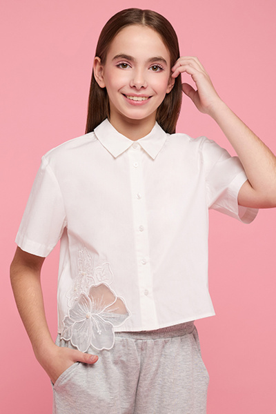 R&B Solid Crop Shirt with Classic Collar and Short Sleeves