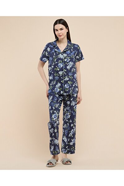 R&B Women Navy Blue Printed Pyjama Set