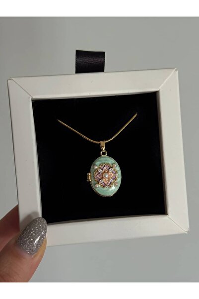 h&b design jewel Çelik Yeşil İncili Kapaklı Kolye