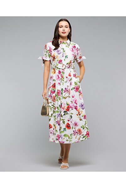 R&B Floral Printed Shirt Dress with Classic Collar and Short Sleeves
