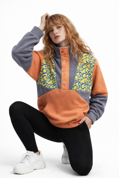 Vatkalimon Kadın Erkek Somon Gri Yarım Fermuarlı Polar