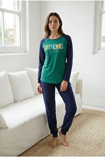 Espuar Women's Patterned Combed Cotton Jogger Bottom Long Sleeve Top Pajama S...