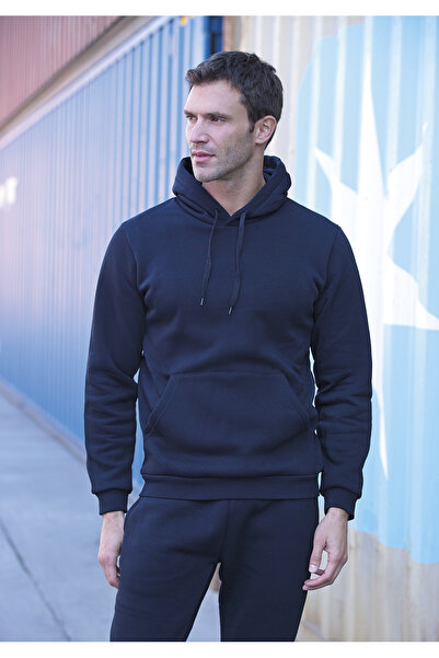 Masimar Men's Navy Blue 3 Thread Raster Hooded Sweatshirt