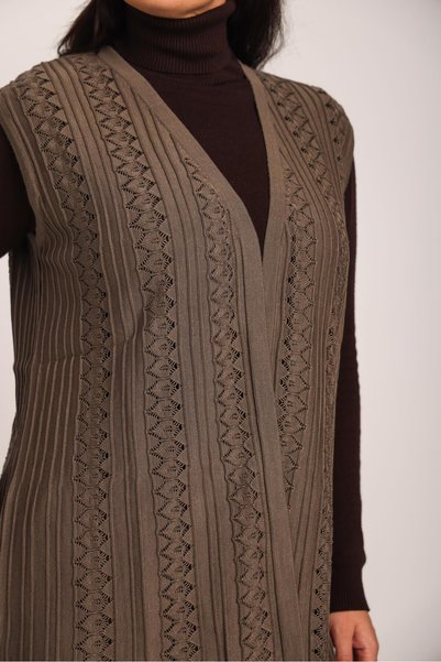 Uludağ Triko Women's Brown Lace Patterned Embroidered Mercerized Knitwear Mother Vest