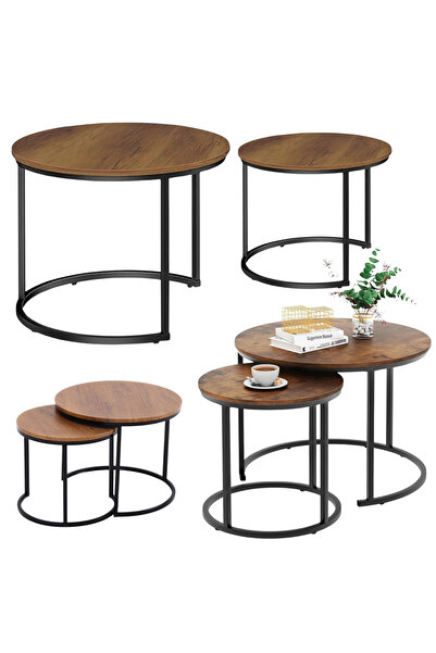 Three top online Set of 2-in-1 Round Coffee Tables Vintage Wood 70x50cm 45x44cm