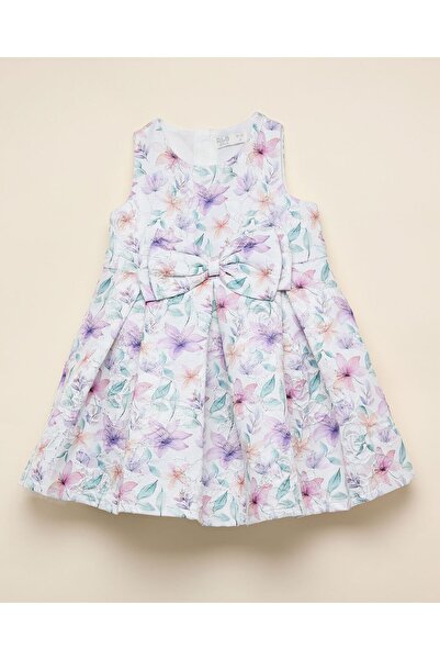 R&B Printed Bow Detail Sleeveless A-Line Dress with Crew Neck