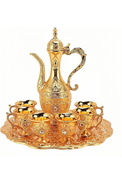 jaffiust طقم إبريق قهوة تركي عتيق مكون من 8 قطع مع صينية و6 أكواب، ماكينة قهو...