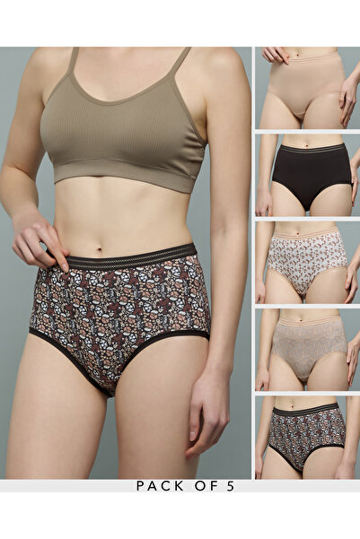 R&B Women Beige 5 Pack Printed Full Briefs