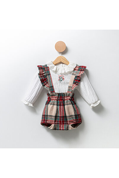 Coolimino Flower Embroidered Vintage Shirt with Plaid Salopet for Girls