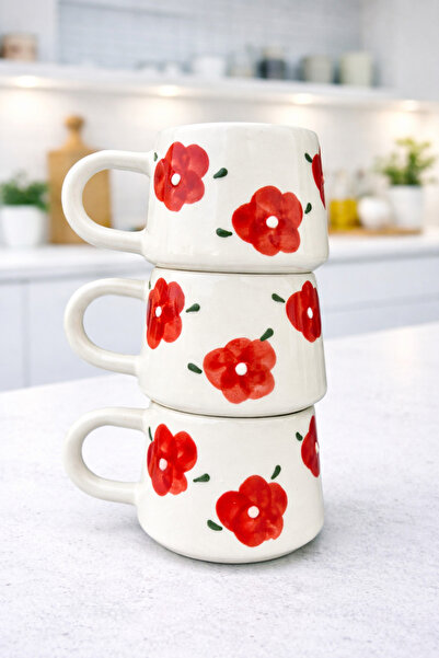 BB TRADE Handmade 3-Piece Red Flower Patterned Ceramic Mug 200 ml