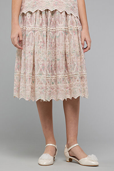 R&B Girls Ivory Embroidered Skirt with Elastic Waist
