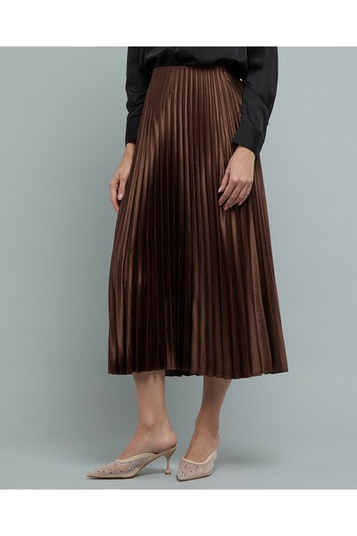 R&B Pleated Midi Skirt with Elastic Waist