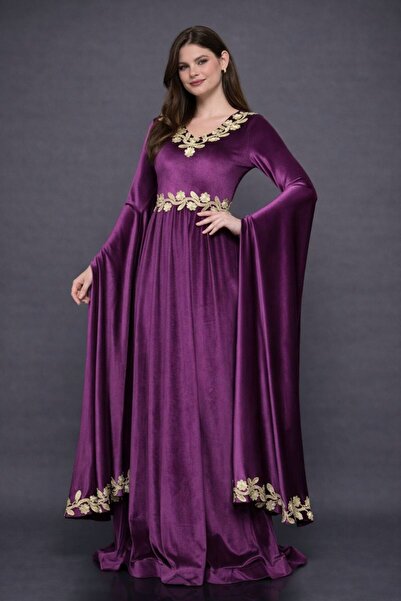 Kureyzibies Velvet Embroidered Evening Dress Suitable for Women's Hijab Clothing
