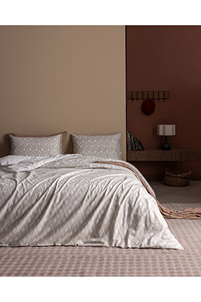 Madame Coco Garon Double 100% Cotton Ranforce Printed Duvet Cover Set - Beige