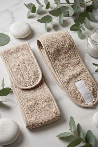 Valmia Home Set of 2 Towel Hair Bands 100% Cotton Adjustable Velcro Makeup an...