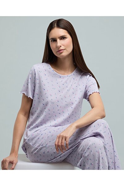 R&B Printed Sleep Top with Crew Neck and Short Sleeves