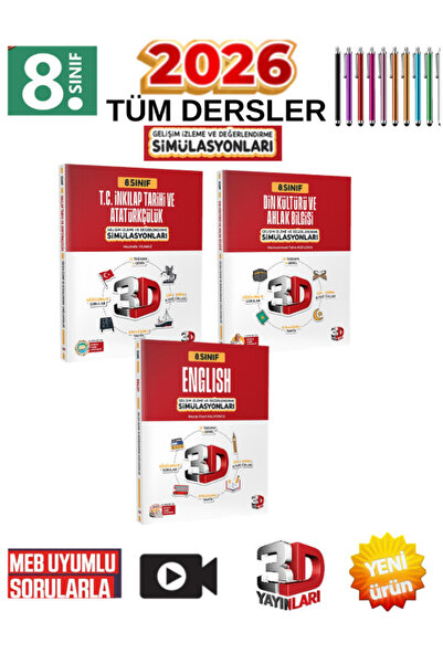 Üç Dört Beş Yayıncılık 3D 2026 8.Sınıf İnkılap Tarihi-İngilizce-Din Simülasyo...