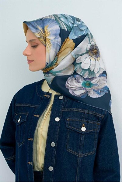 Armine Tivil Pure Silk Scarf 9503 - 82 Navy Blue Floral Pattern