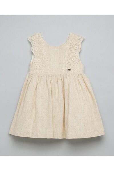 R&B Lace Detail Sleeveless Flared Dress with Crew Neck