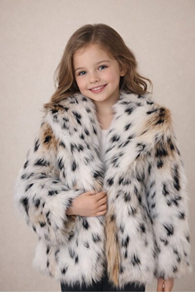 ASEEL Kız Çocuk Kürk Kaban- Leopar Desenli Peluş Kürk Ceket-MONT