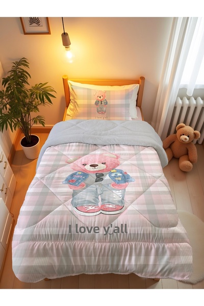 Evmila 160x220 cm Wellsoft Pink Teddy με μοτίβο σιλικόνης πάπλωμα και σετ ύπν...