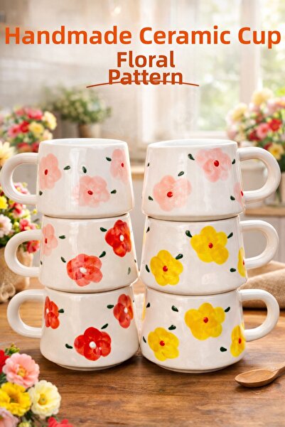 BB TRADE Handmade Set of 6 Red Pink Yellow Floral Patterned Ceramic Mugs 200 ml