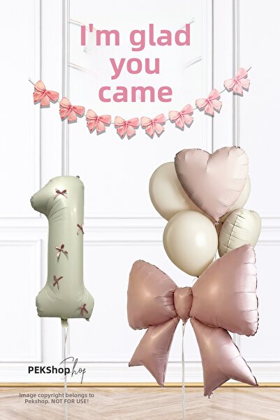 PEKSHOP مجموعة بالونات عيد ميلاد فاخرة بفيونكة وردية لعمر سنة واحدة