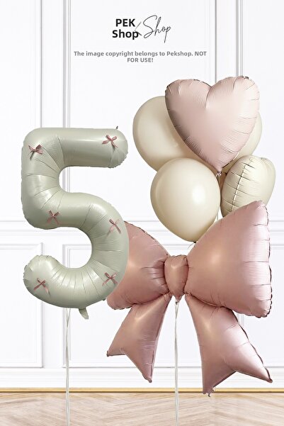 PEKSHOP 5 Year Old Pink Bow Ribbon Decorated Birthday Balloon Set with Balloo...