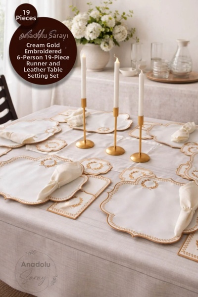 Home Stuff Set de prezentare pentru masă cu broderie auriu crem, pentru 6 per...