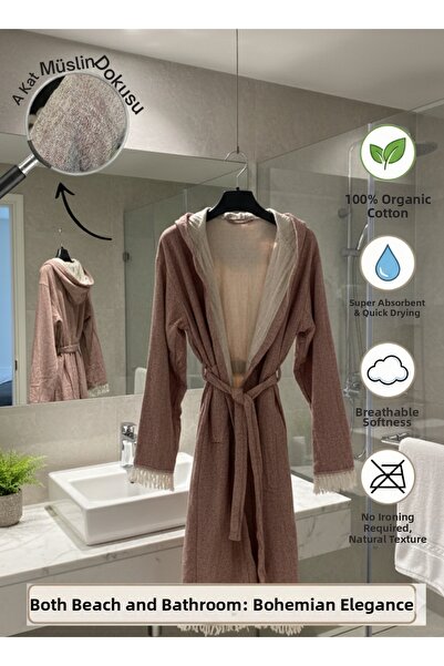 TECHTACT Organic 4 Layer Muslin Bathrobe Ultra Absorbent Bohemian Hooded Unis...