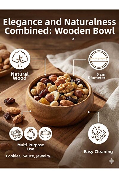 LOVYCO 3 Pieces Natural Acacia Round Snack Bowl & Sauce Bowl - 9 cm Premium P...