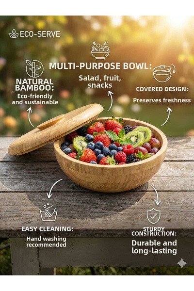 LOVYCO Premium 25 cm Bamboo Salad Bowl - Natural Wooden Presentation Bowl wit...