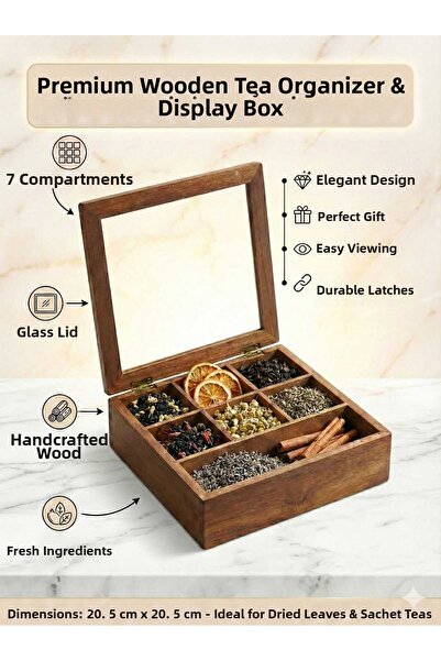LOVYCO Cutie de ceai din lemn cu 7 compartimente, capac din sticlă, organizat...