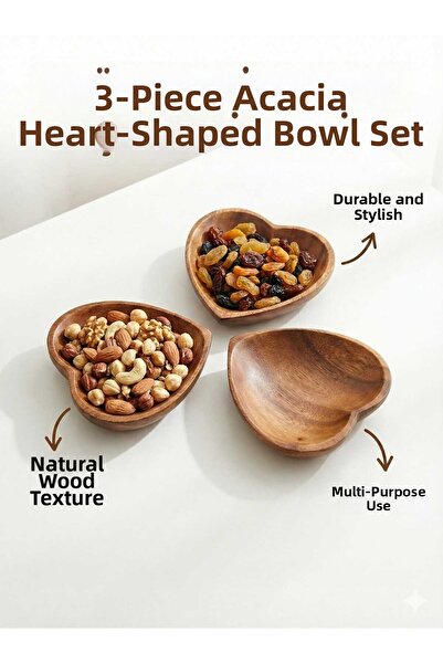 LOVYCO Set of 3 Heart-Shaped Natural Acacia Wood Snack Bowls and Presentation...