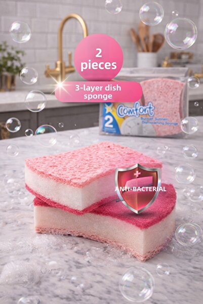grimorlife قطعتان من إسفنجة الأطباق الوردية الممتازة ذات 3 طبقات - مجموعة إسف...