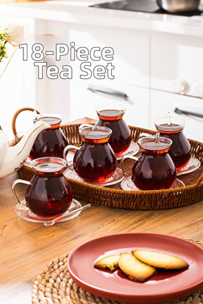 Porsima Keyf-I Ala 18 Piece Borosilicate Tea Set with Glass Plates - 200 ml