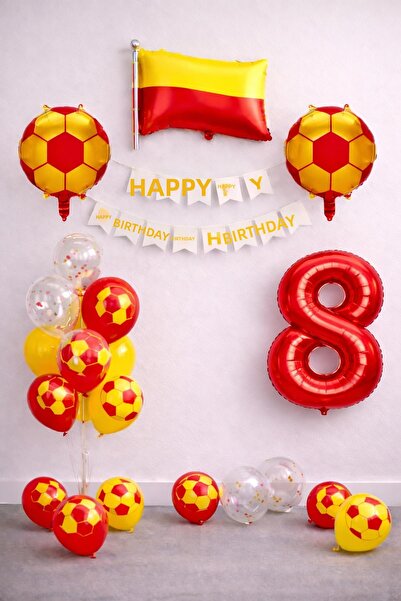 Patladı Gitti Yellow Red Football Themed 8Th Birthday Balloon Set
