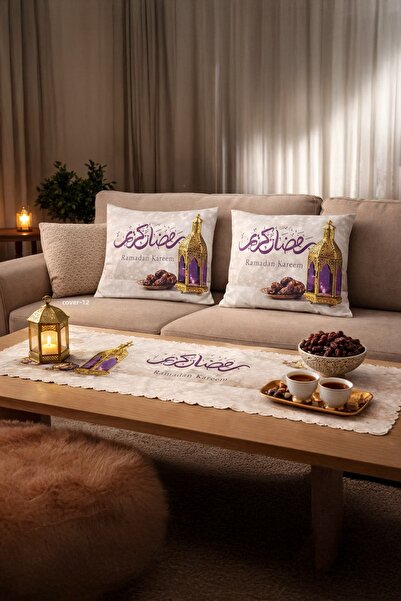 MUSK STORE مفرش طاولة رمضاني مخملي 135x45 سم وغطاء وسادة 42x40 سم