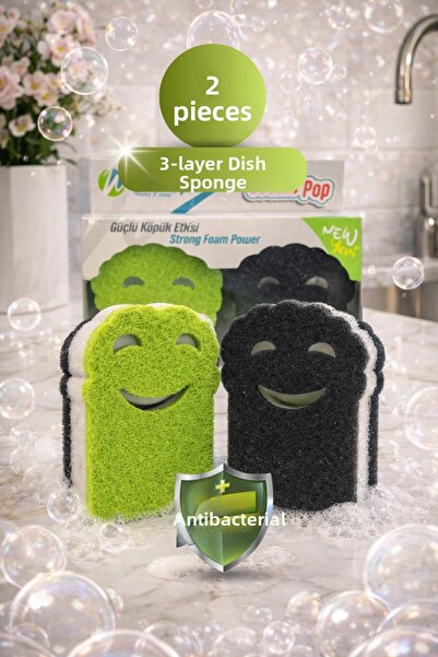 grimorlife 2-Pack Smiling Face Cookie Model Dish Sponge – 3-Layer, Kitchen Cl...