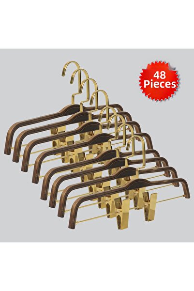 NYN خشب 8178 (GOLD KANCALI LAMA) شماعات خشبية للتنورة والسراويل مع مشبك 48 قطعة