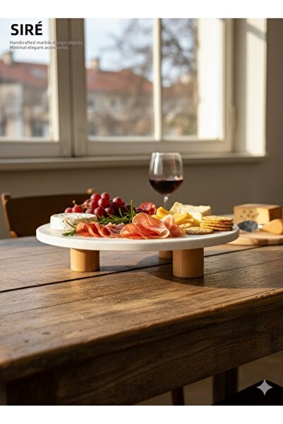 SIRÉ Studio Round Marble Presentation Stand with Cylinder Wooden Base 30 cm - Siré Soft Stone Collection