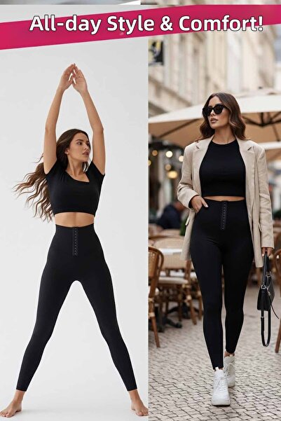 rekor sports Corset Leggings Gathering Black Leggings - Adjustable Clasp Desi...