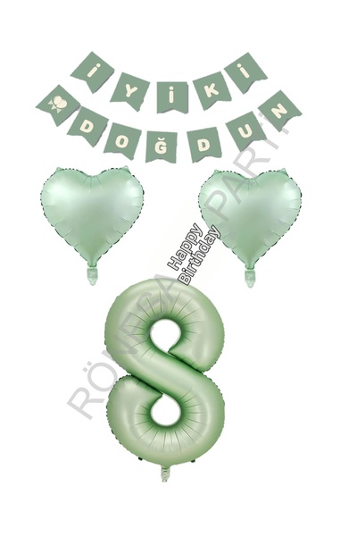 RÖNESANS PARTİ Rönesans Green Color Number Heart Banner Birthday Set Age-8