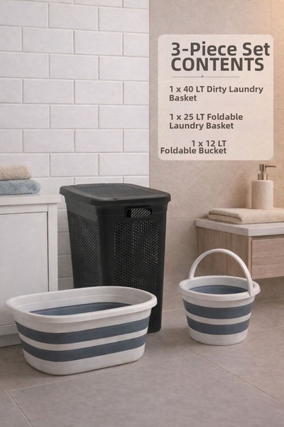 Funny Life Σετ 3 τεμαχίων - Καλάθι βρώμικων ρούχων 40 LT, Πτυσσόμενο καλάθι ρ...