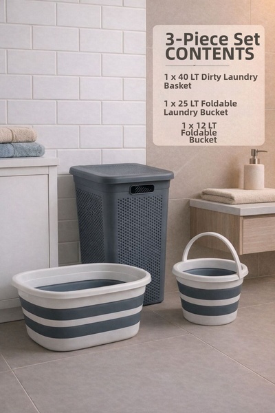 Funny Life Σετ 3 τεμαχίων - Καλάθι βρώμικων ρούχων 40 LT, Πτυσσόμενο καλάθι ρ...