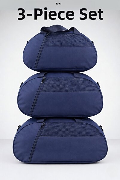 KAFF Navy Blue Set of 3 D Suitcase with Front Pocket, Adjustable Shoulder Str...