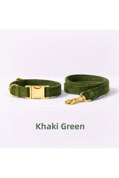 Pawsim طقم طوق وحزام للكلاب من المخمل الأخضر الكاكي، طوق قابل للتعديل.