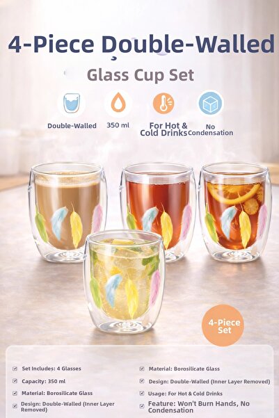 Berdina Home 4Pcs Double Wall Feathered Cup Mug 350ml Home Office Coffee Tea ...