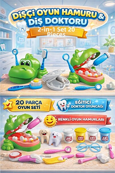 YILDIRIM OYUNCAK Dino Dentist Play Dough Set Color Chart Dentist Set Total 20...