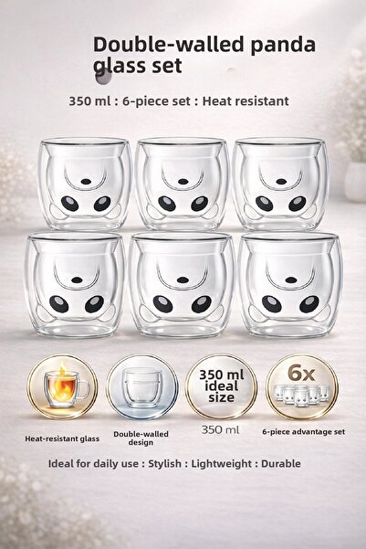 Berdina Home كوب باندا مزدوج الجدار مكون من 6 قطع، كوب ماء حليب وشاي وقهوة، س...